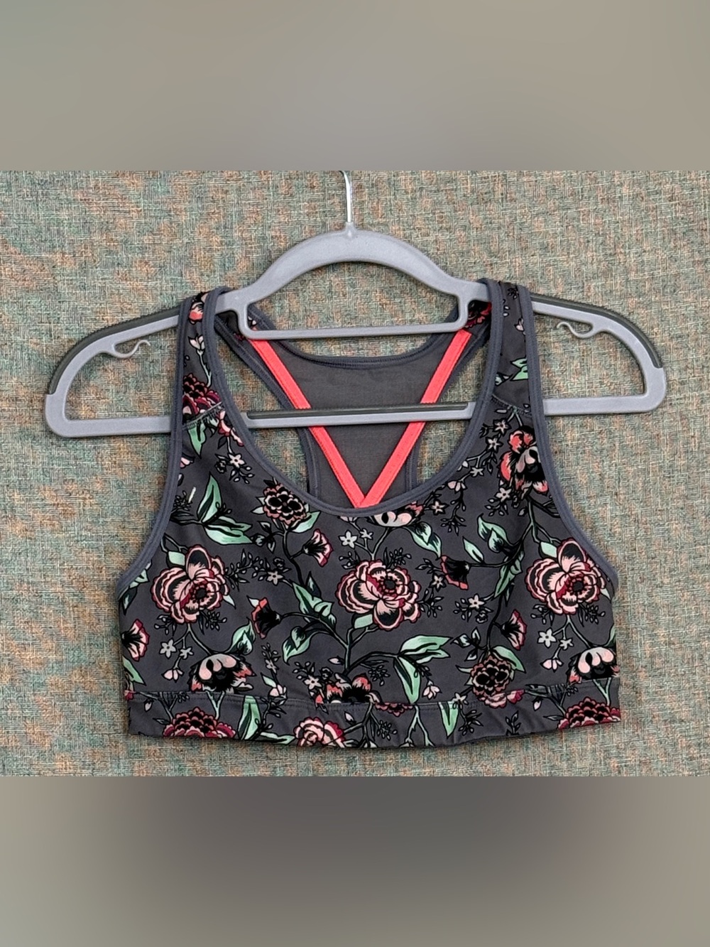 Old Navy Floral Sports Bra in Charcoal with Coral Straps